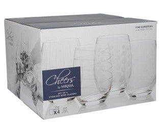 Mikasa 'Cheers' Set of 4 Etched Crystal Stemless Wine Glasses