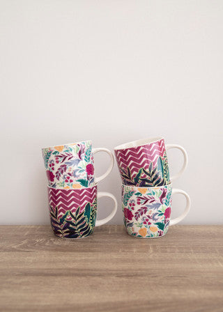 KitchenCraft Barrel Mug Set Exotic Floral Design Set of 4