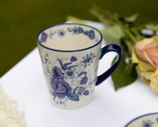 London Pottery Blue Rose Ceramic Mug, 300ml, Almond Ivory / Blue