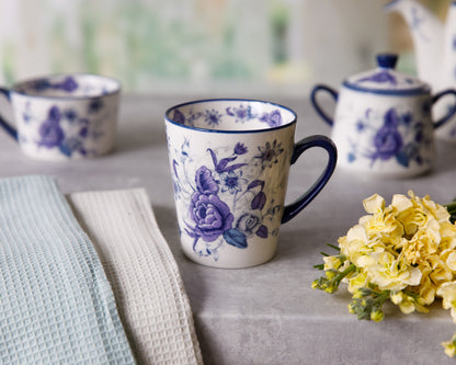 London Pottery Blue Rose Ceramic Mug, 300ml, Almond Ivory / Blue