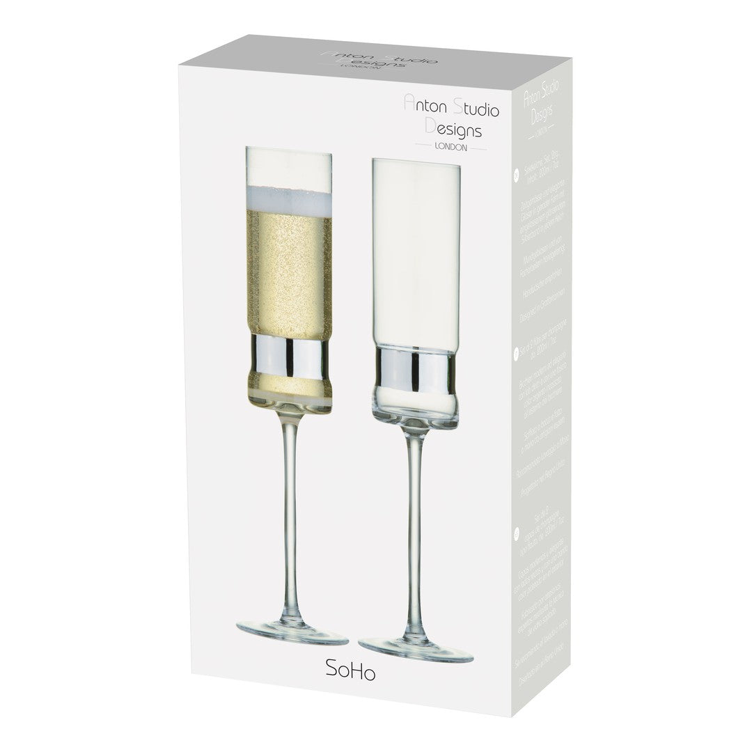 Anton Studio Glass SoHo Champagne Flutes Silver - Set of 2 Champagne Glasses