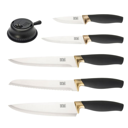 Taylors Eye Witness Brooklyn Brass 5 Piece Paring, All Purpose, Carving, Bread & 20cm Chef's Knife Set With Countertop Knife Sharpener