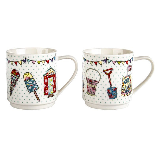 Queens The Caravan Trail Stacking Mugs Festival Beach Huts - Set of 2