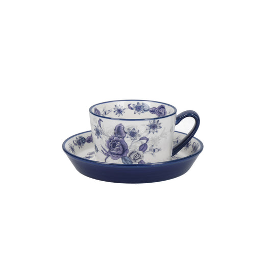 London Pottery Blue Rose Tea Cup and Saucer Set - Ceramic, Almond Ivory / Blue