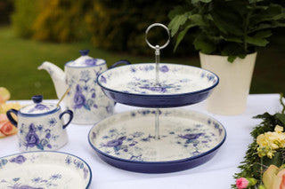 London Pottery Blue Rose Vintage-Style 2 Tier Cake Stand - Ceramic, Almond Ivory / Blue