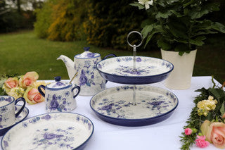 London Pottery Blue Rose Vintage-Style 2 Tier Cake Stand - Ceramic, Almond Ivory / Blue