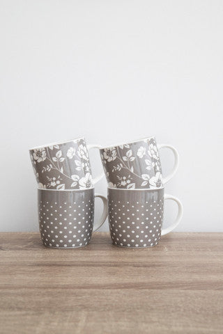 KitchenCraft Barrel Mug Set Grey Floral / Polka Dot Set of 4