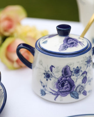 London Pottery Blue Rose Sugar Bowl, Ceramic, Almond Ivory / Blue