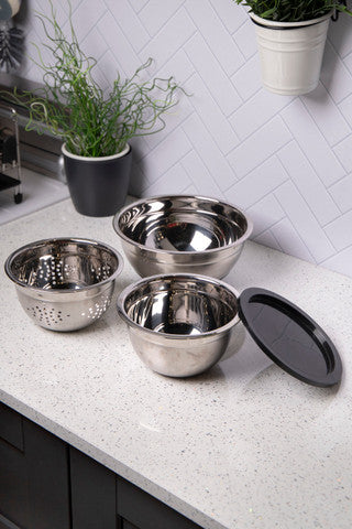 MasterClass Smart Space Stainless Steel Three Piece Bowl Set with Colander