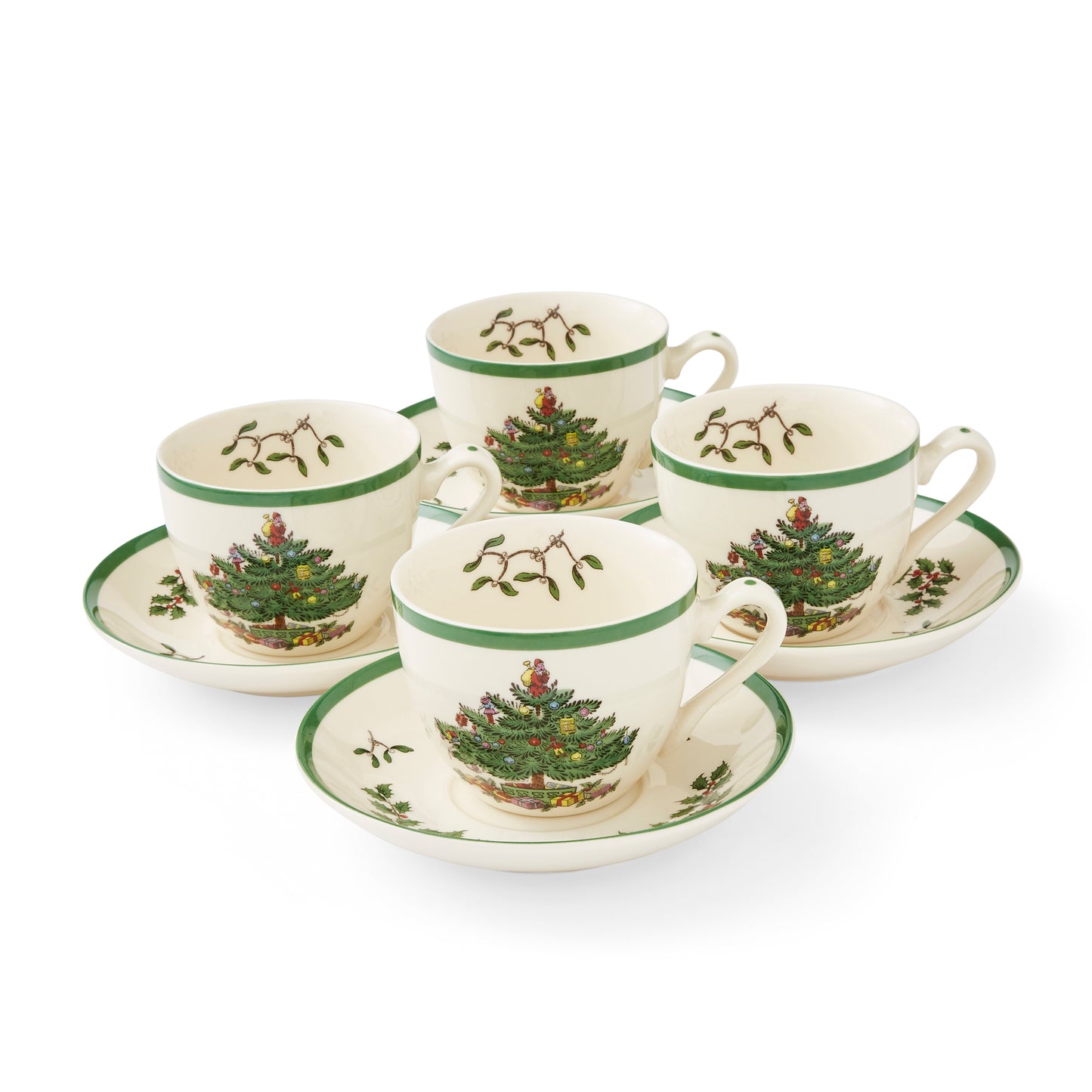 Spode Christmas Tree Tea Cup and Saucer Set of 4