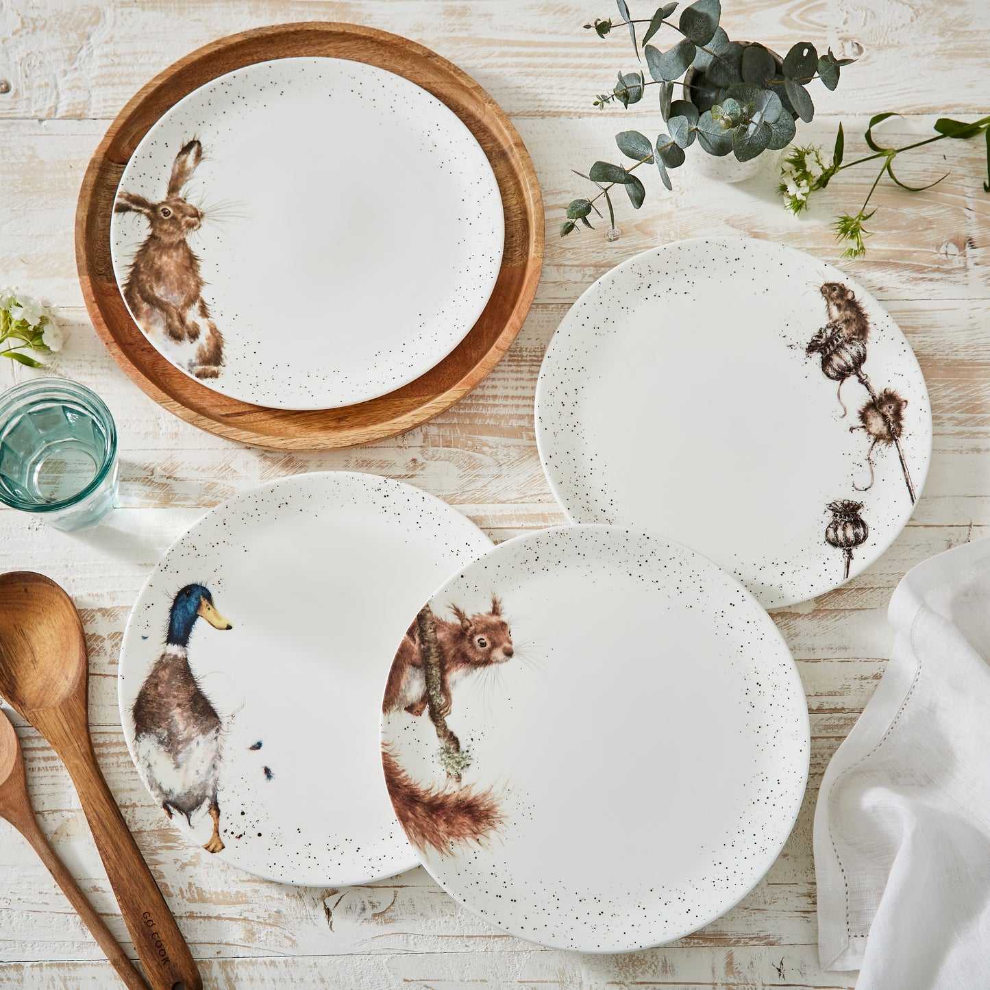 Royal Worcester Wrendale Designs 10.5 Inch Coupe plates Set of 4 Hare, Squirrel Mouse & Duck
