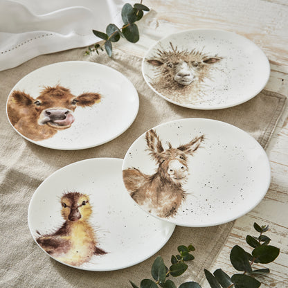 Royal Worcester Wrendale Designs 6.5 Inch Coupe Plates Set of 4 Donkey, Duckling, Cow, Sheep