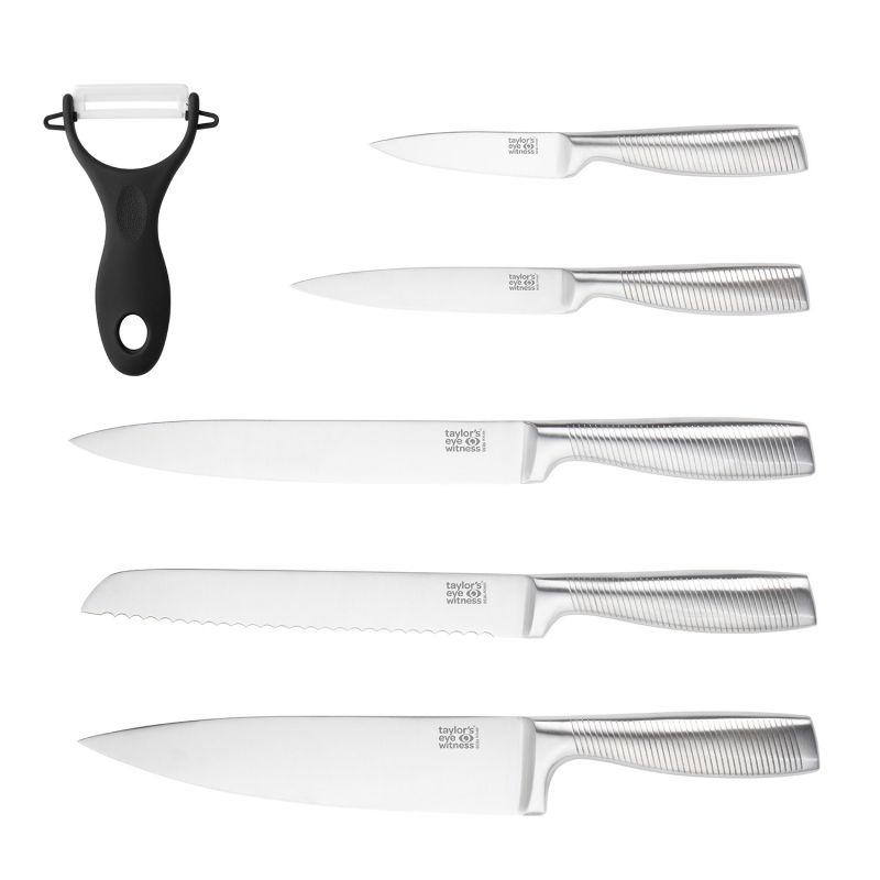 Taylors Eye Witness Stainless Steel 5 Piece Paring, All Purpose, Carving, Bread & 20cm Chef's Knife Set With Ceramic Vegetable Peeler