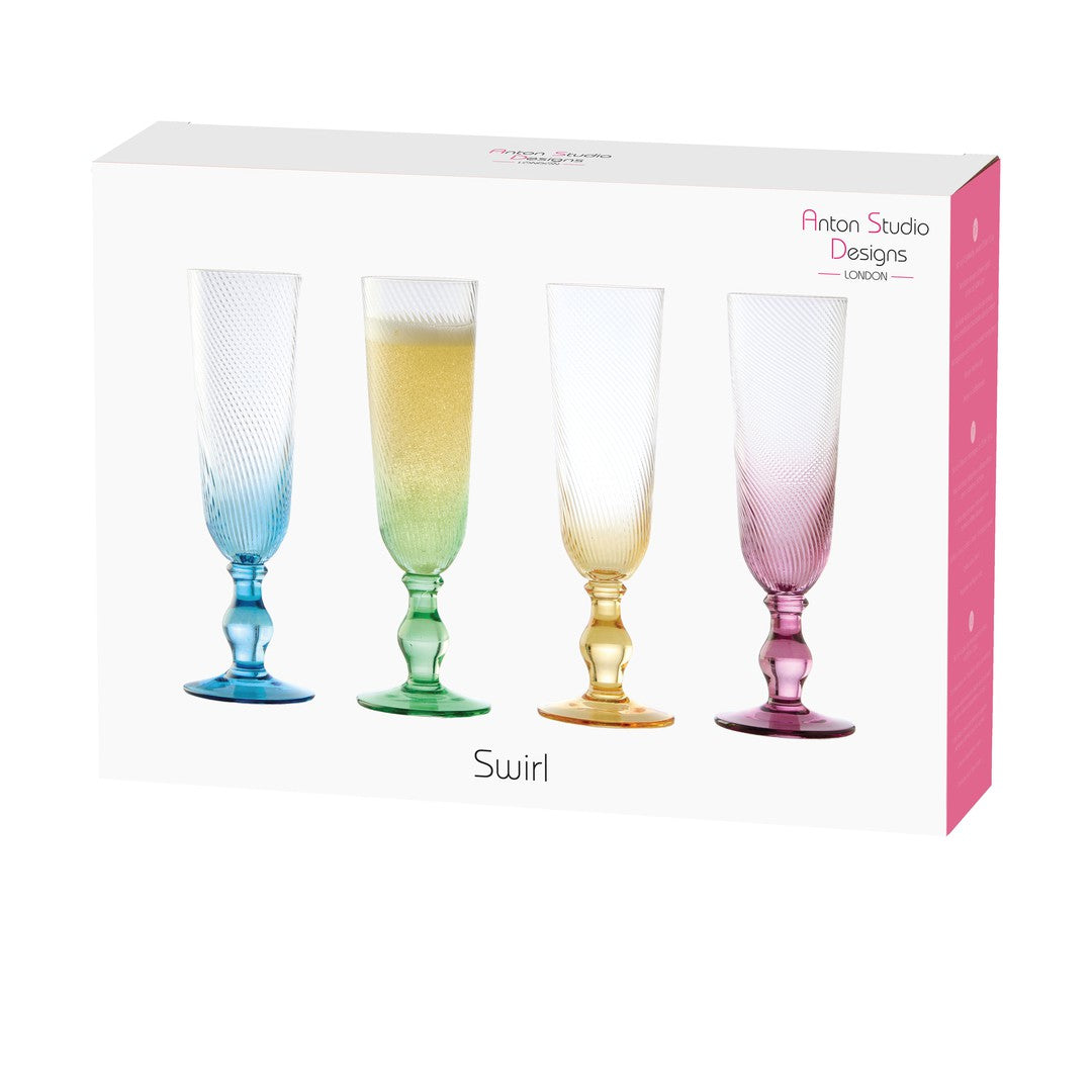 Anton Studio Glass Set of 4 Swirl Champagne Flutes