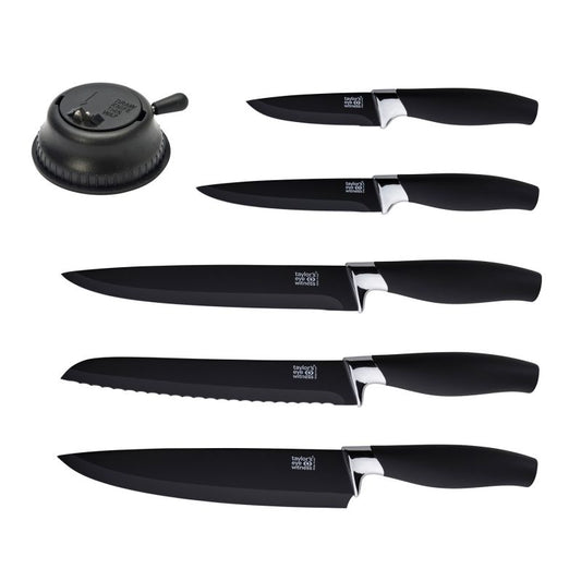 Taylors Eye Witness Brooklyn Chrome 5 Piece Ceramic-Coated Paring, All Purpose, Carving, Bread & 20cm Chef's Knife Set With Countertop Knife Sharpener