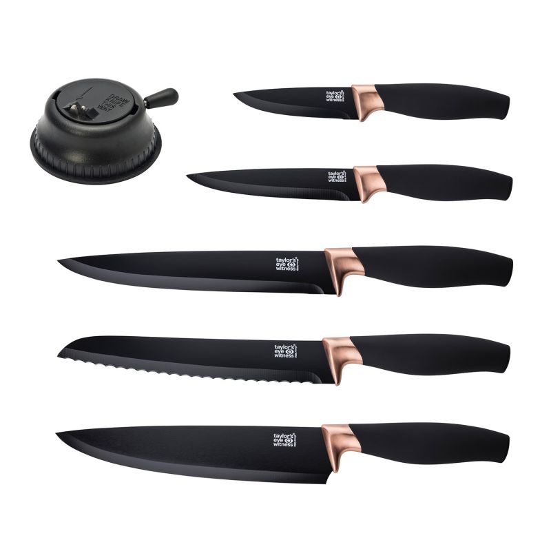 Taylors Eye Witness Brooklyn Copper 5 Piece Ceramic-Coated Paring, All Purpose, Carving, Bread & 20cm Chef's Knife Set With Countertop Knife Sharpener