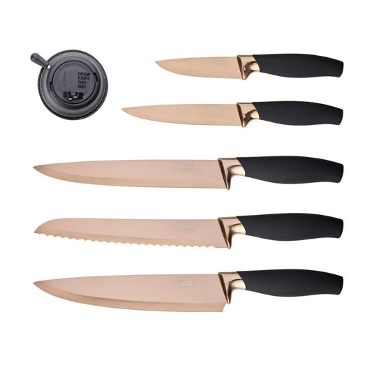 Taylors Eye Witness Brooklyn Rose Gold 5 Piece Titanium-Nitride-Coated Paring, All Purpose, Carving, Bread & 20cm Chef's Knife Set With Countertop Sharpener