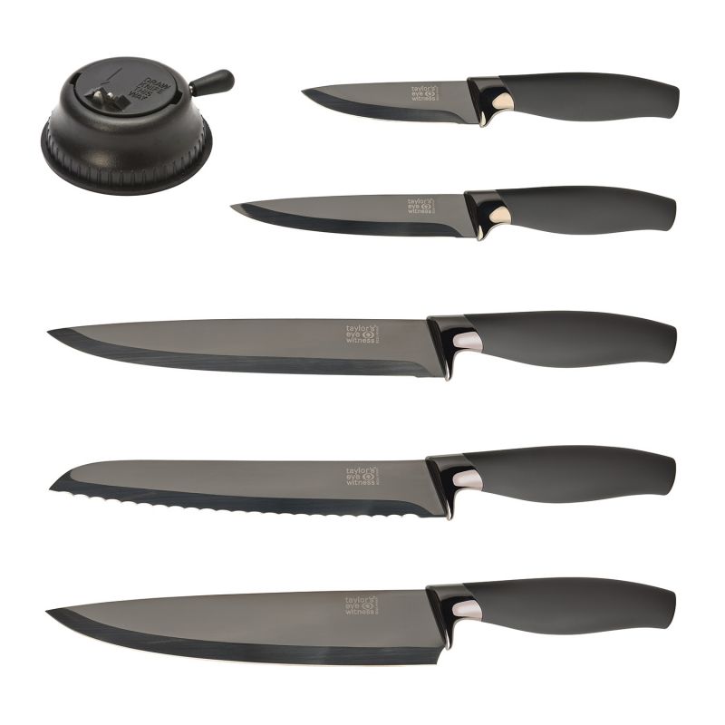 Taylors Eye Witness Brooklyn Titanium 5 Piece Paring, All Purpose, Carving, Bread & 20cm Chef's Knife Set With Countertop Knife Sharpener