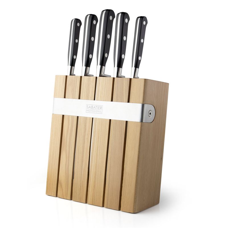 Sabatier Professional 5 Piece Kitchen Knife Set & Oak / Stainless Steel Knife Block